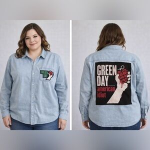 Upcycled Green Day Graphic Tee On Vintage Denim Shirt Size 2X CUSTOM OOAK